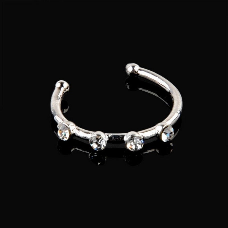 Greendou Fashion Jewelry Gold/Silver Thin Four Diamond Clear Crystal Nose Ring Stud Hoop-Sparkly Crystal Nose Ring (Silver) - Image 3
